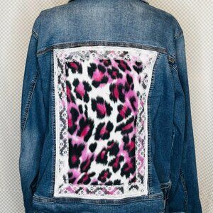 OOAK UpCycled Jean Jacket w/Bright Pink, purple Black cheetah print lace trim-1X